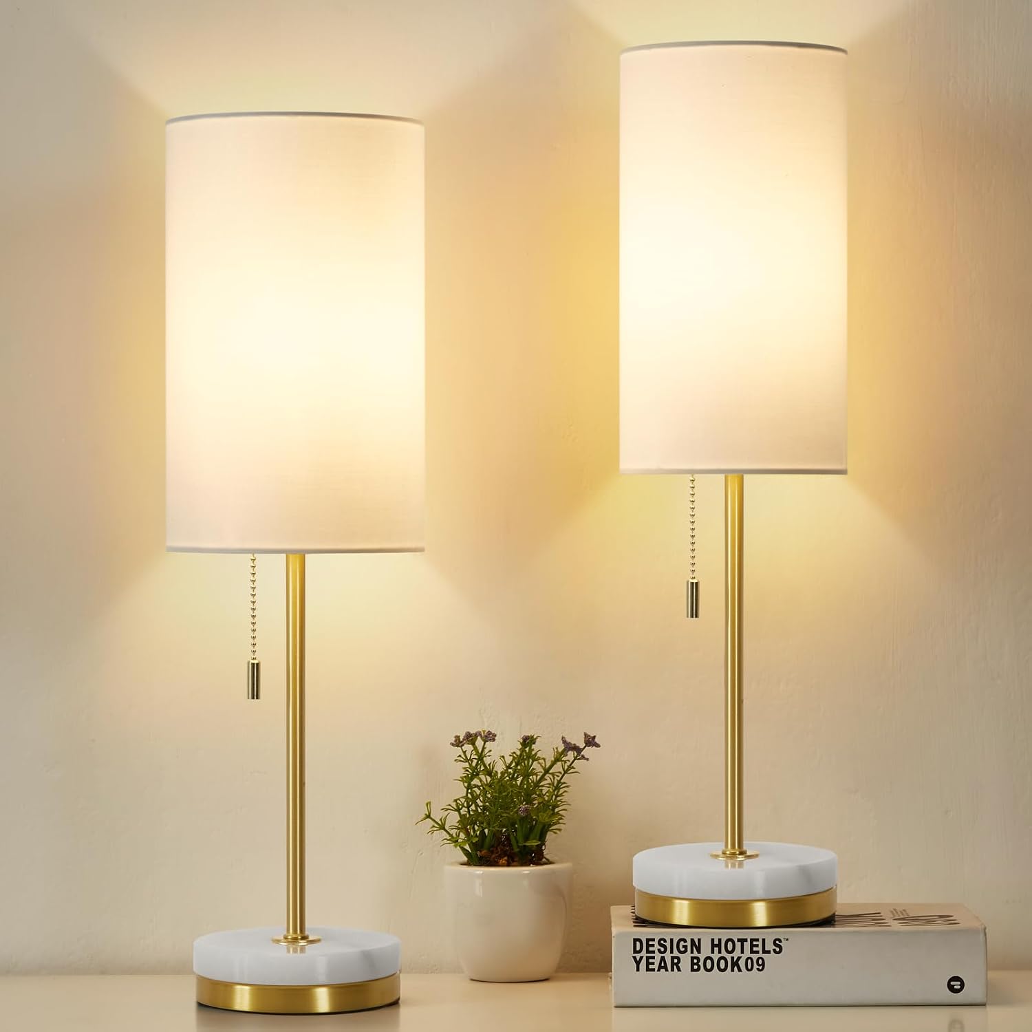 Set of 2 Gold Marble Base Pull Chain Table Lamps