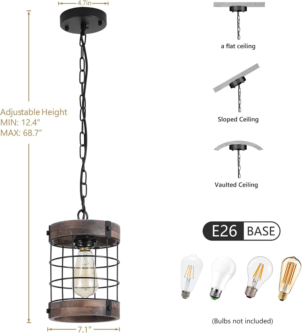 1-Light Wood Farmhouse Pendant Light