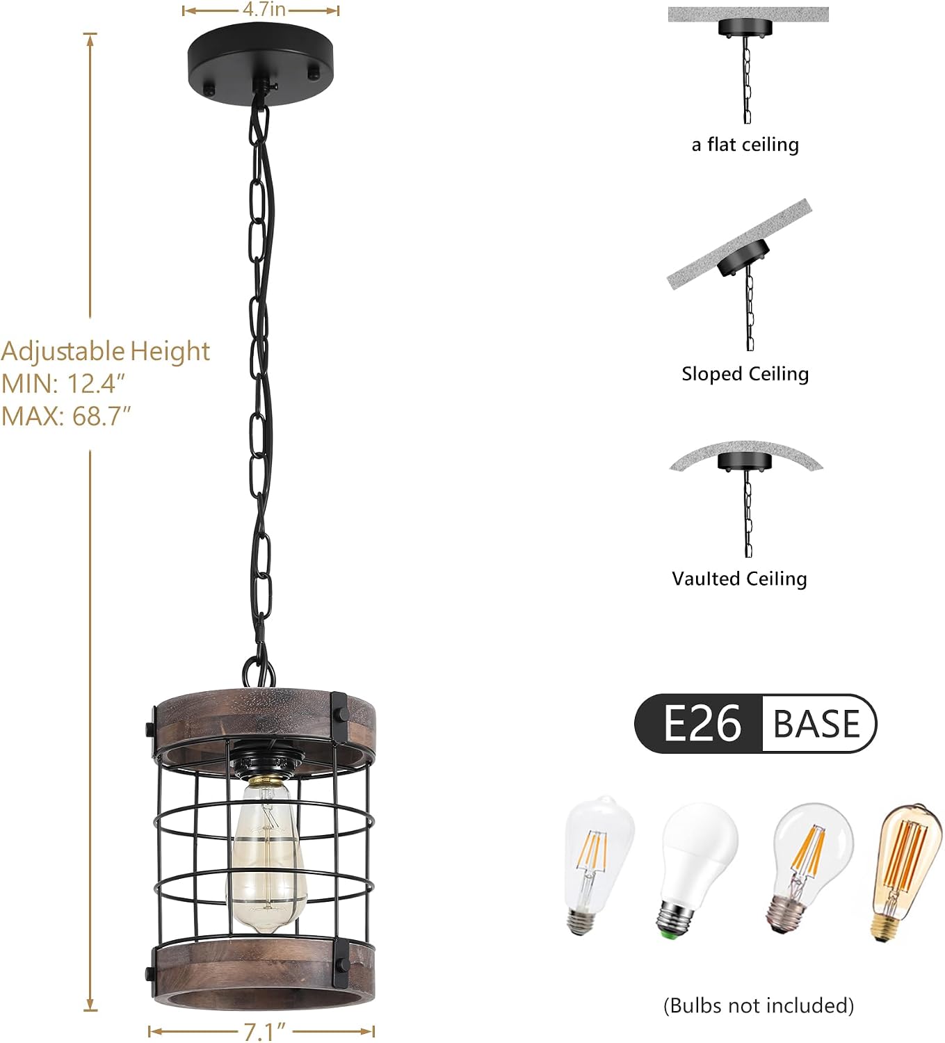 1-Light Wood Farmhouse Pendant Light
