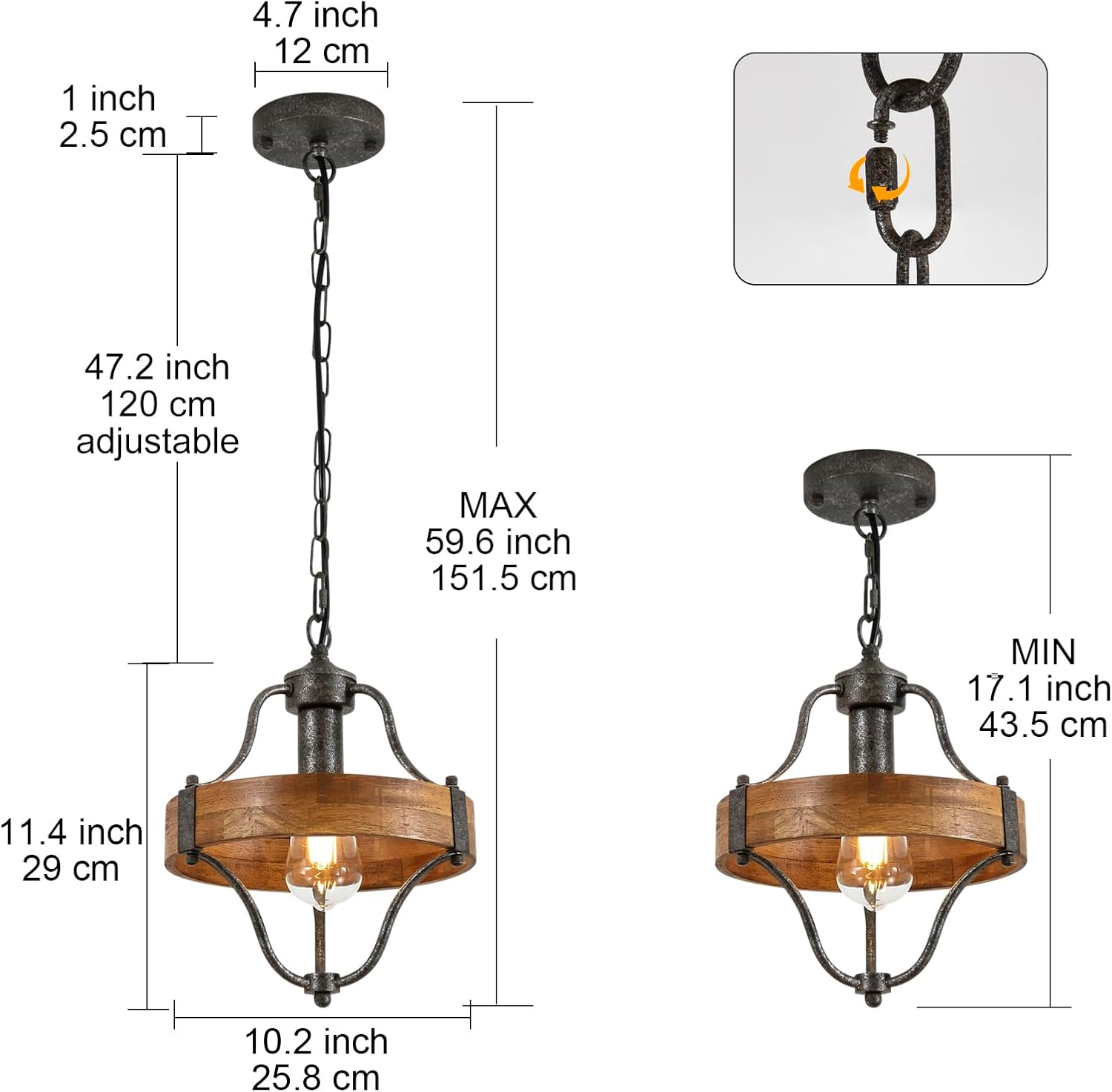 Round Wood Metal Farmhouse Pendant Light