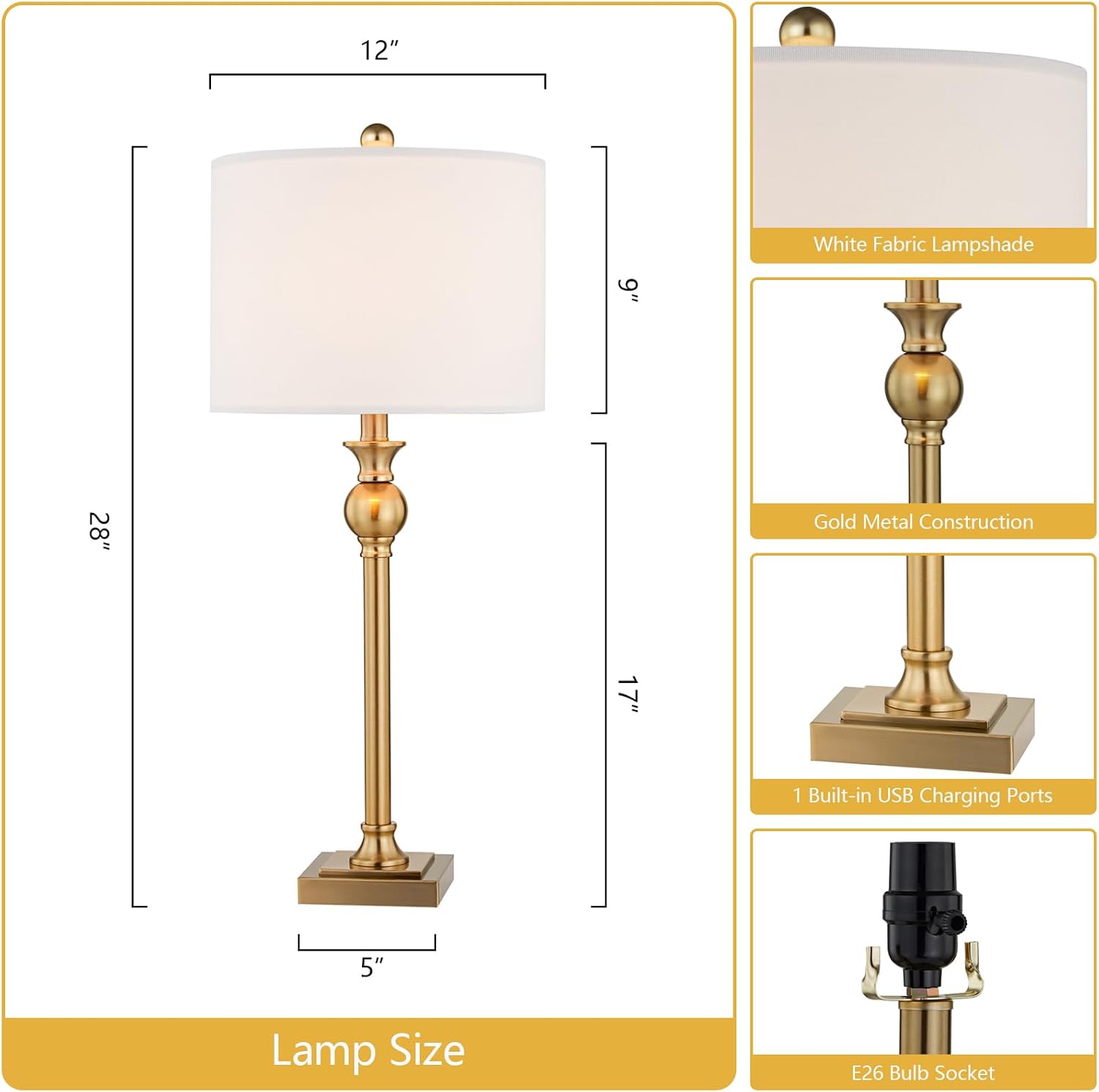 Set of 2 28in Brass USB Charging Tall Table Lamps