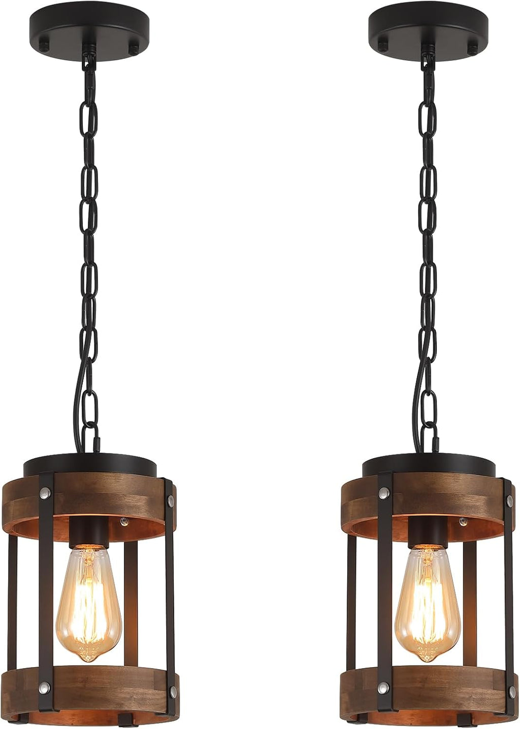 2 Pack Oak Drum Farmhouse Pendant Lights