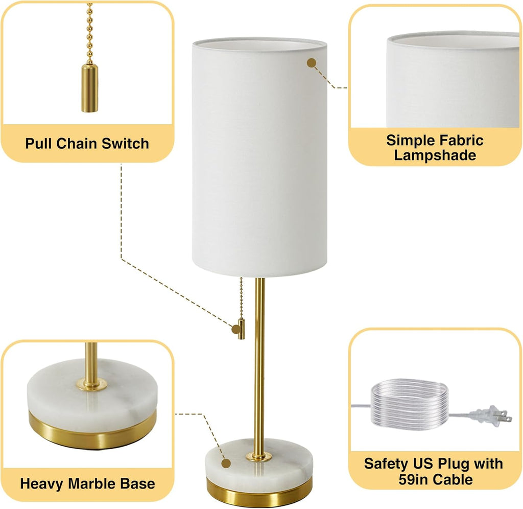 Set of 2 Gold Marble Base Pull Chain Table Lamps