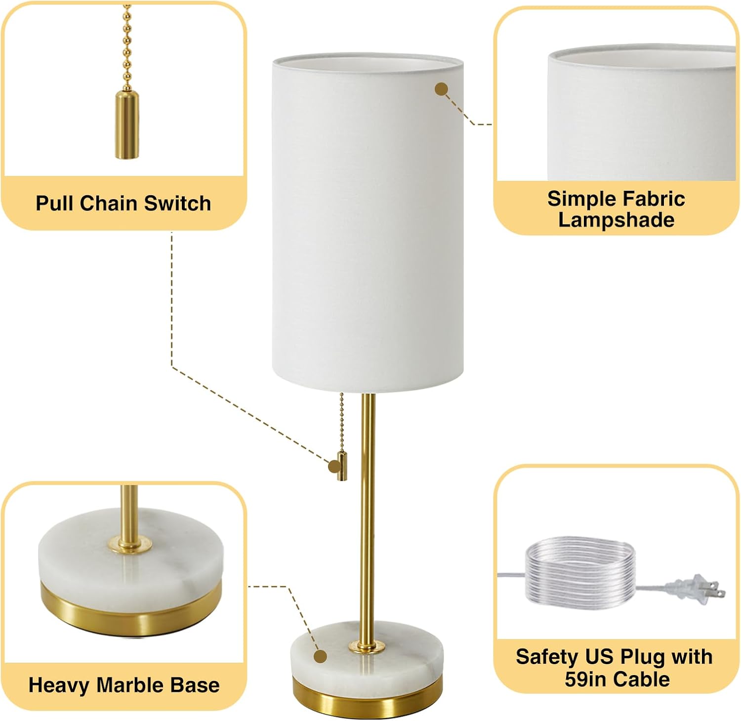 Set of 2 Gold Marble Base Pull Chain Table Lamps