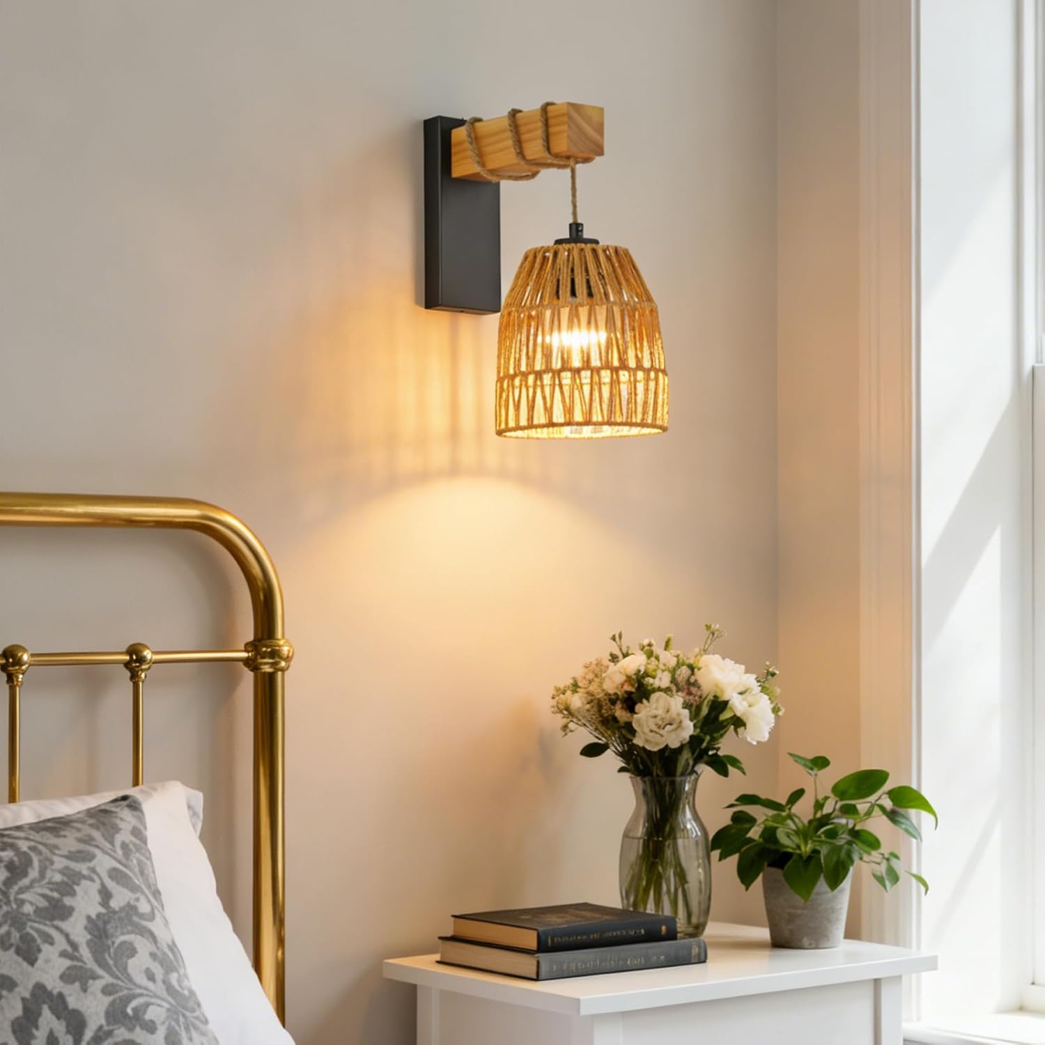 2 Pack Black Battery Rattan Wall Sconces