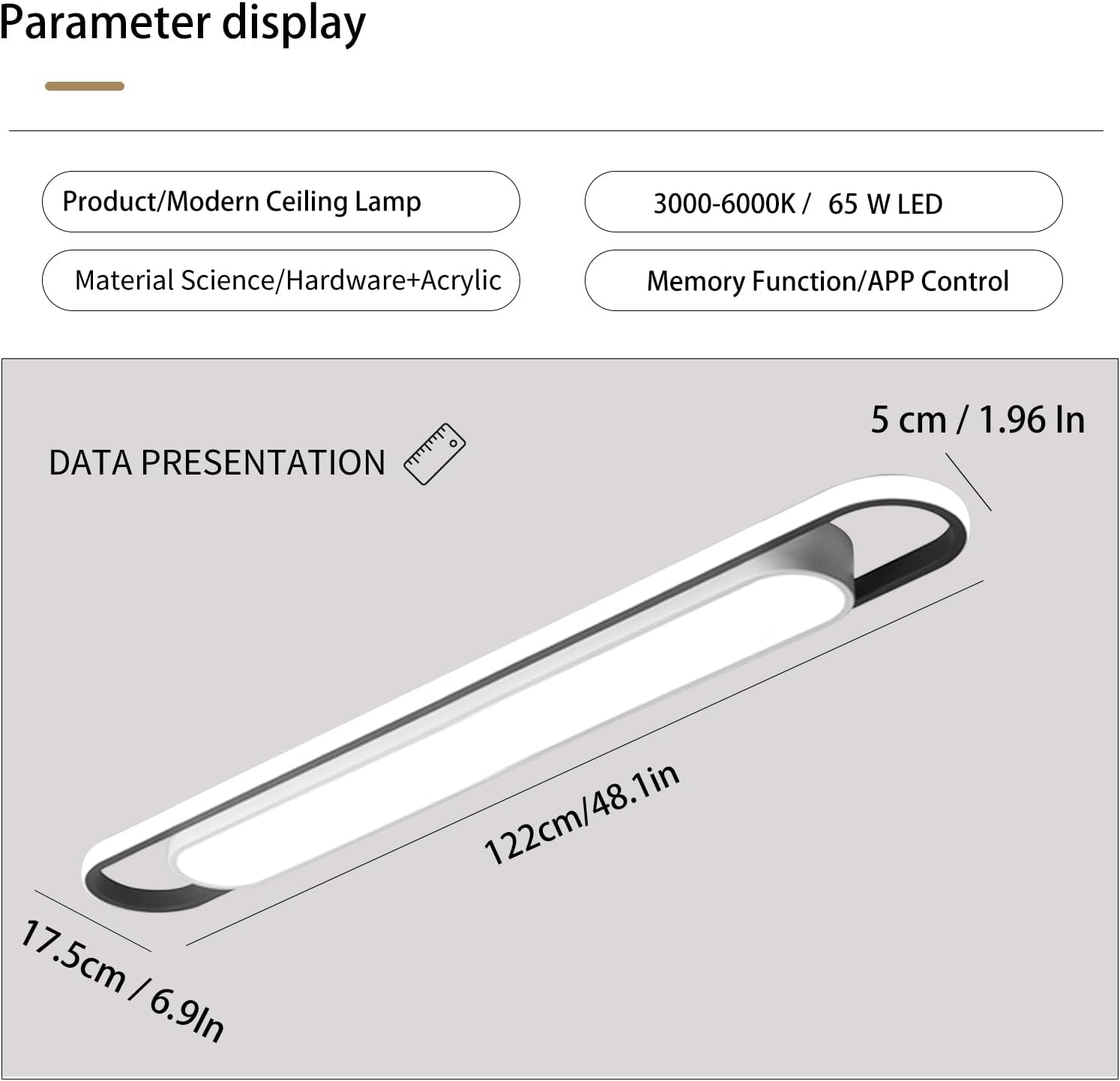 48in Smart Dimmable Metal Acrylic Linear LED Ceiling Light