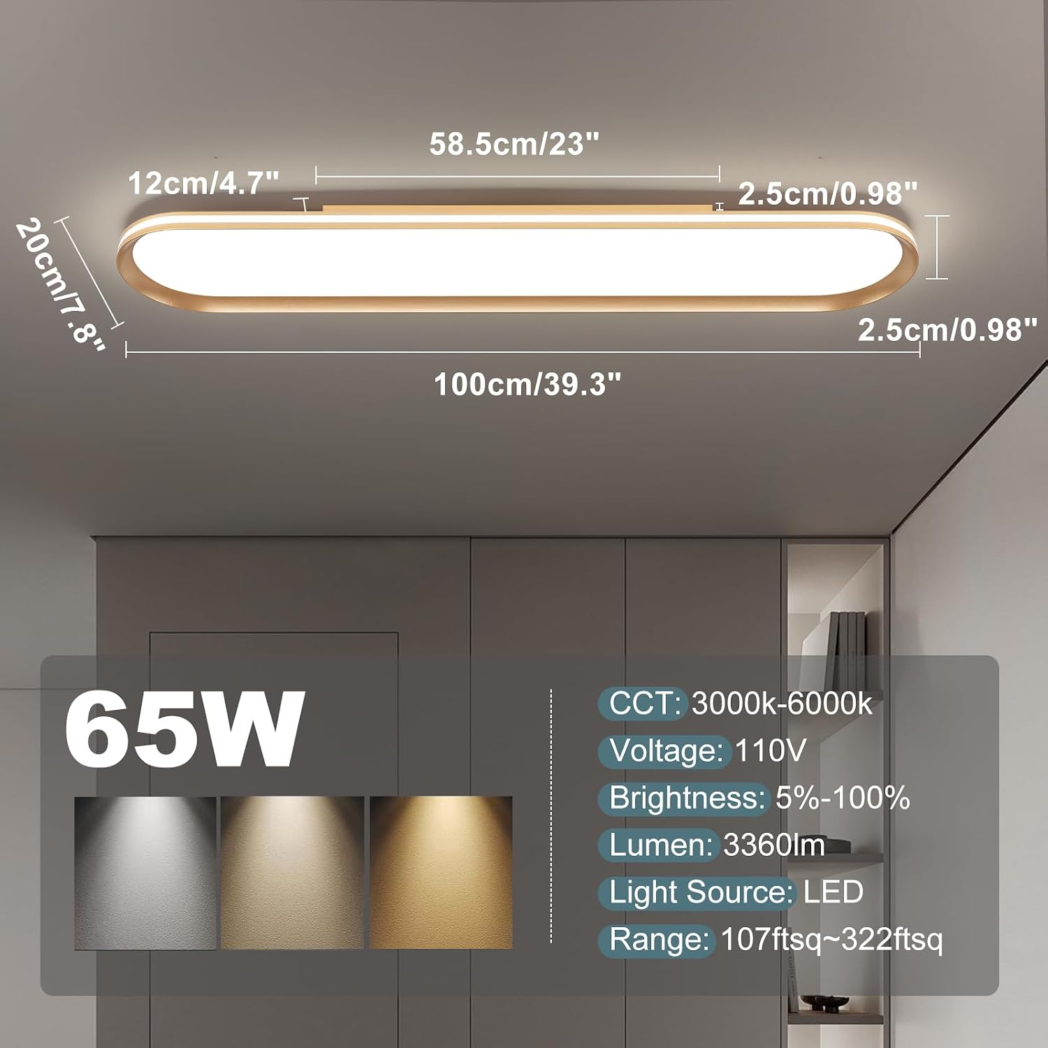 39.4in Gold Linear Semi Flush LED Ceiling Light
