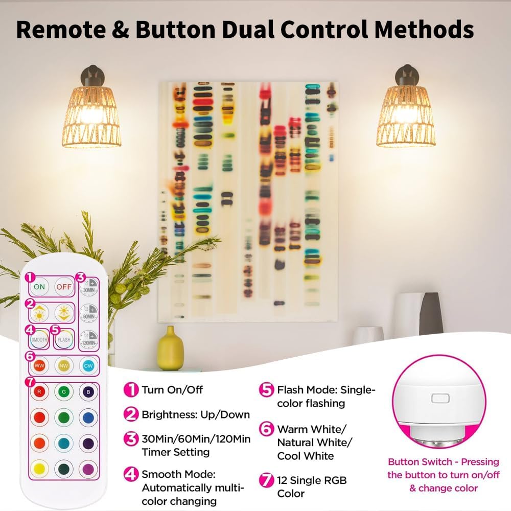 2 Pack RGB Black Rattan Battery Sconces