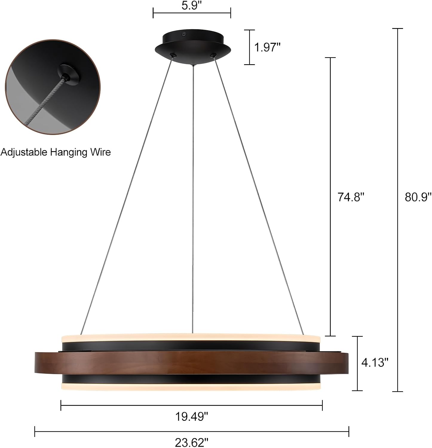 Walnut Wood 2 Ring LED Chandelier