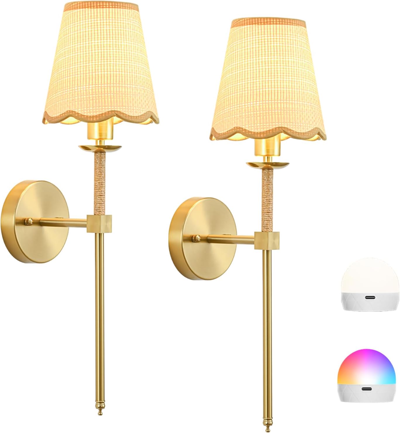 2 Pack Gold RGB Rattan Battery Wall Sconces