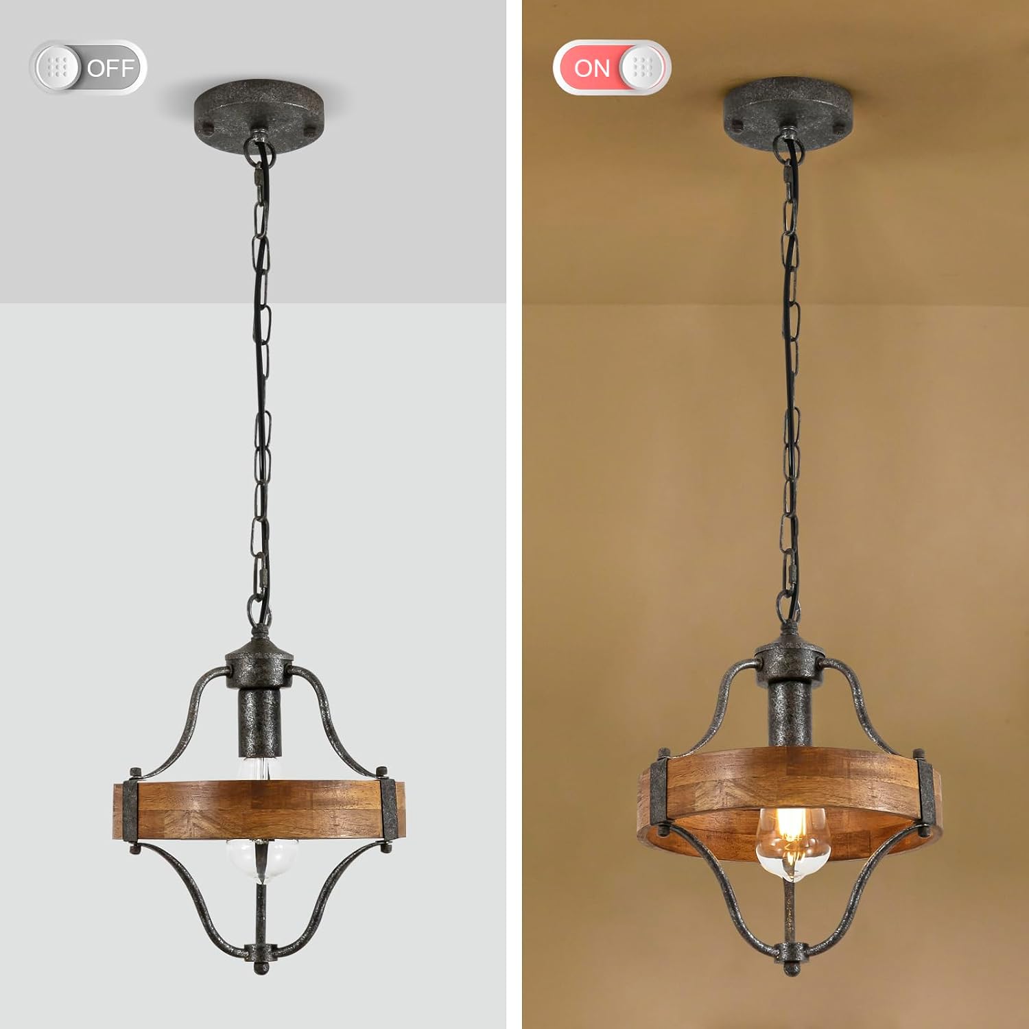 Round Wood Metal Farmhouse Pendant Light