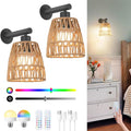 2 Pack RGB Black Rattan Battery Sconces