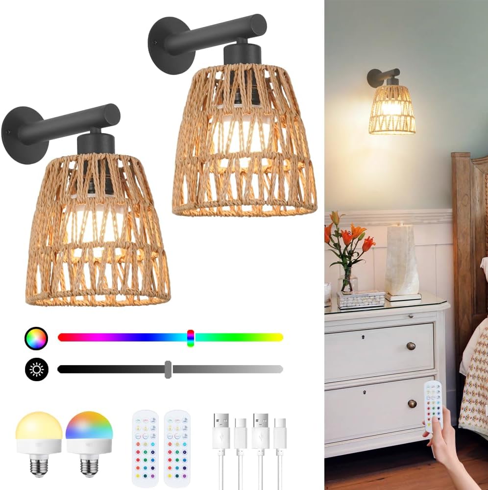 2 Pack RGB Black Rattan Battery Sconces