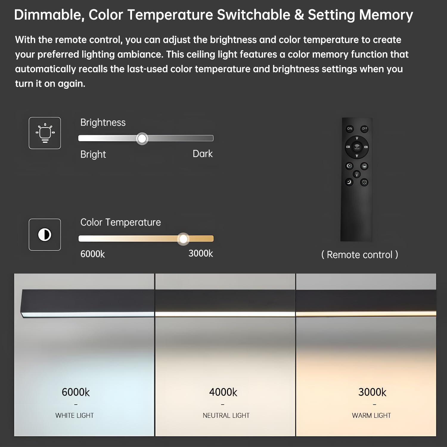 39.3in Black Remote Control Linear LED Ceiling Light