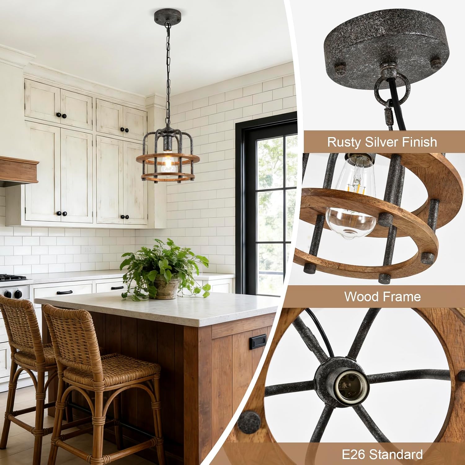 Rustic Wood Metal Pendant Light