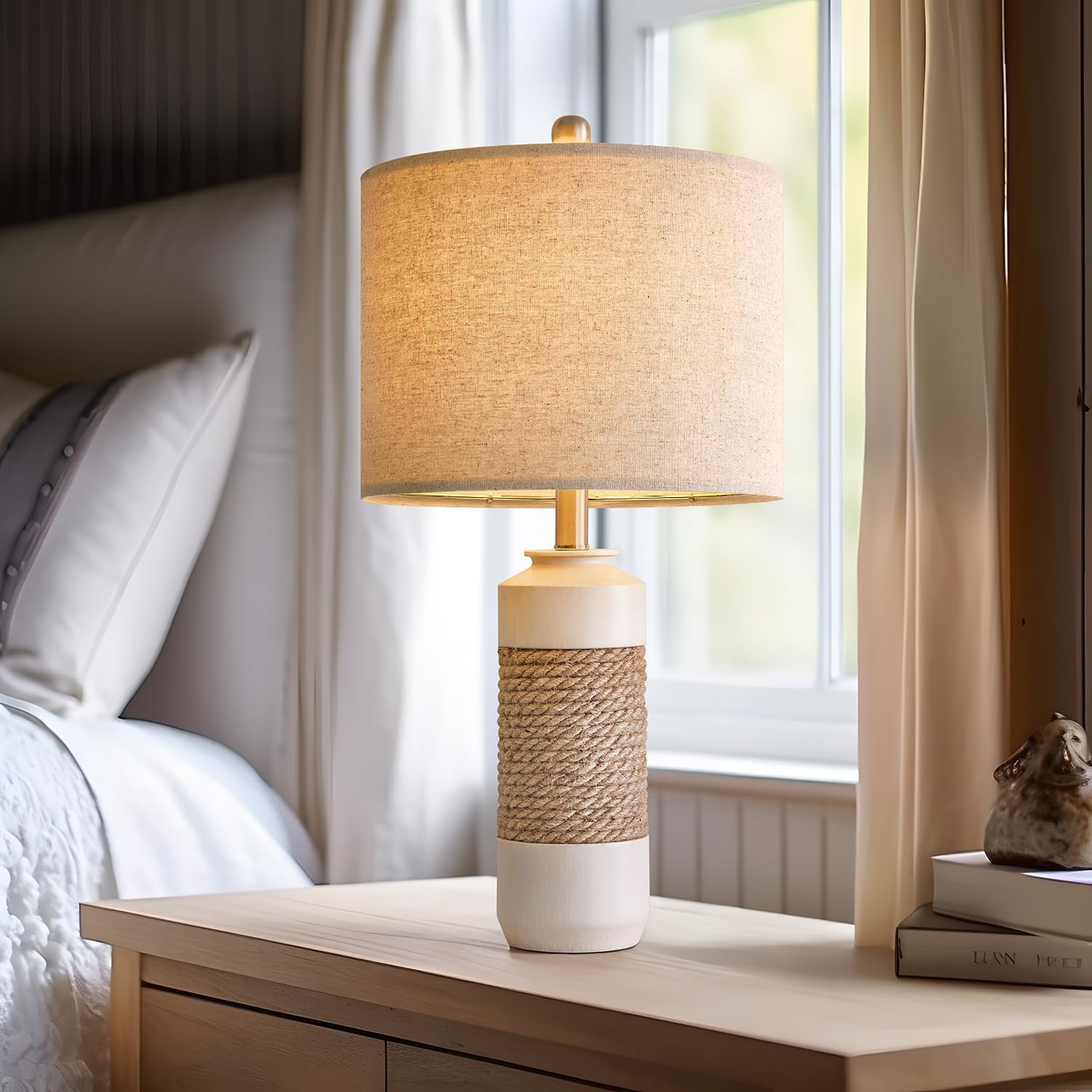 Set of 2 23.75in Antique White Rattan Farmhouse Table Lamps