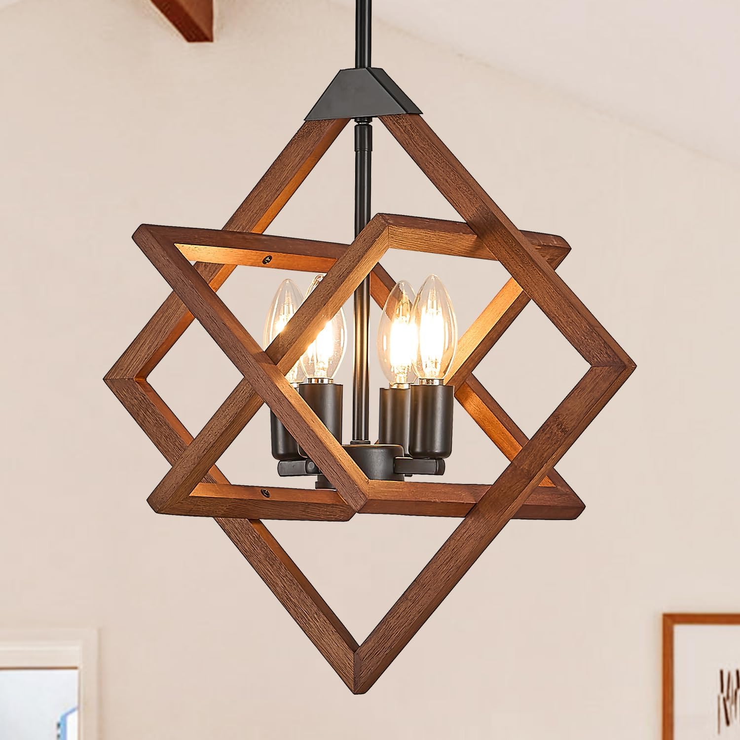 4-Light Geometric Wood Chandelier