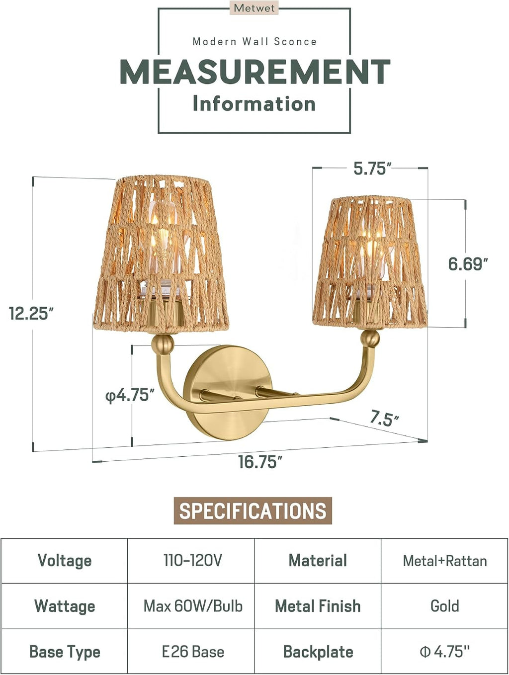 2-Light Gold Rattan Vanity Sconce