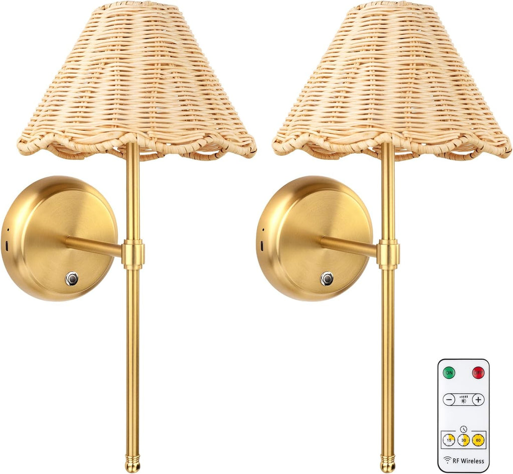 2 Pack Magnetic Rattan Battery Wall Sconces