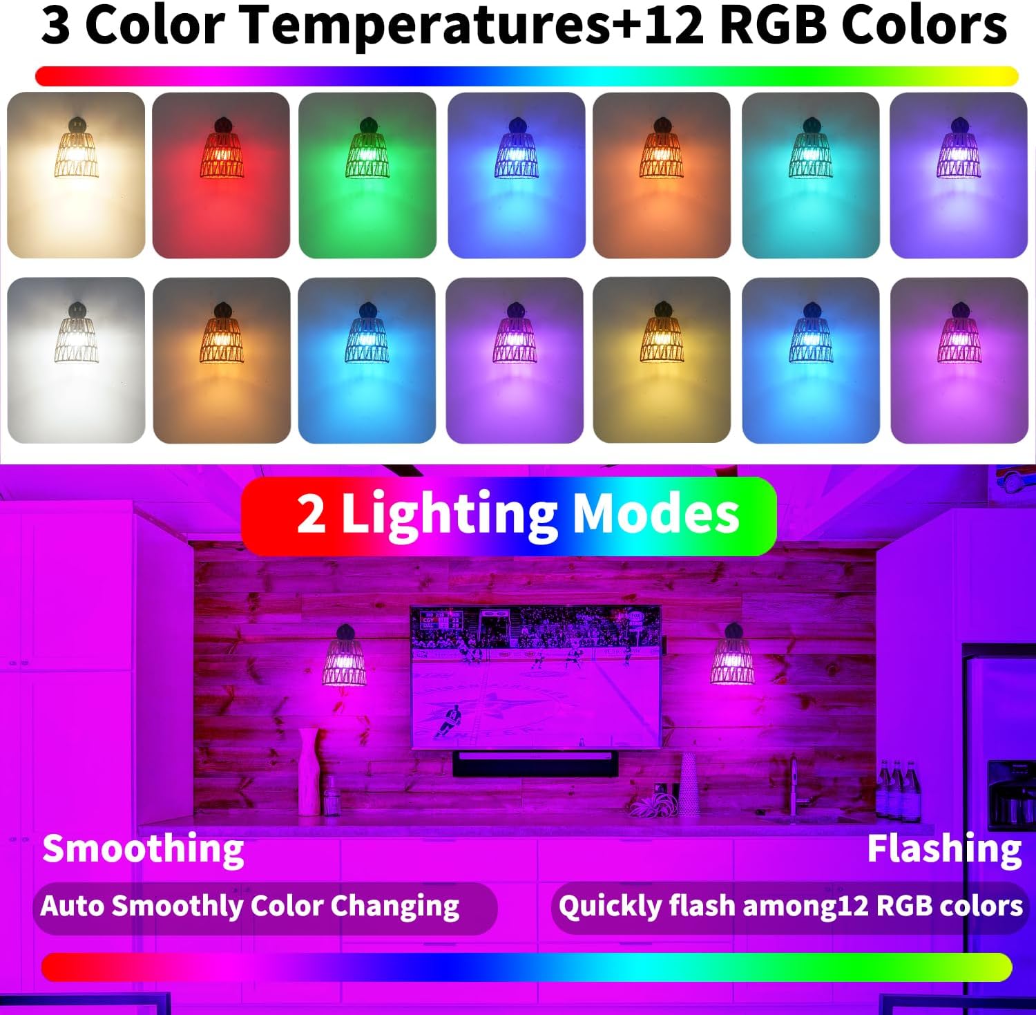 2 Pack RGB Black Rattan Battery Sconces