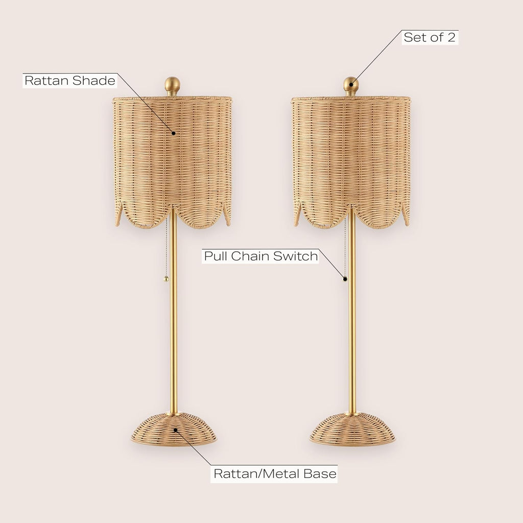 Set of 2 27.5in Brass Rattan Coastal Table Lamps