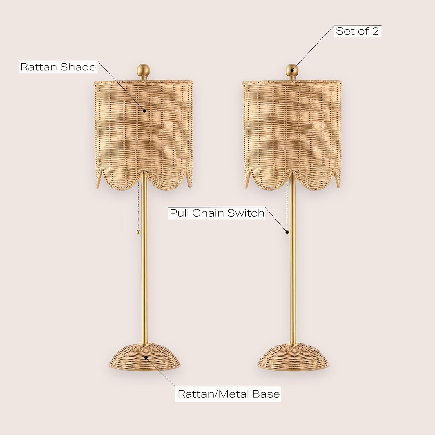 Set of 2 27.5in Brass Rattan Coastal Table Lamps