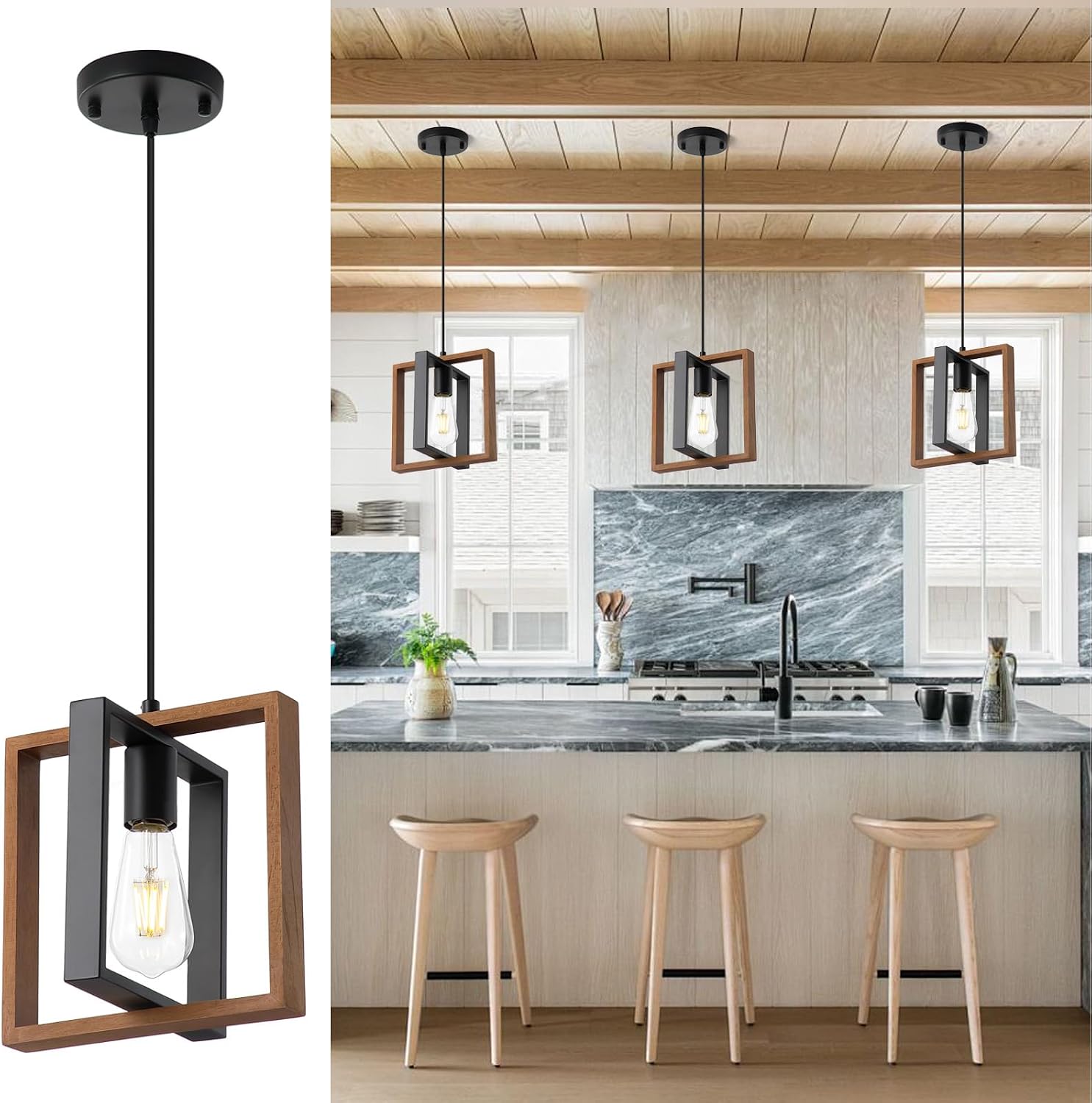 2 Pack Wood Farmhouse Pendant Lights