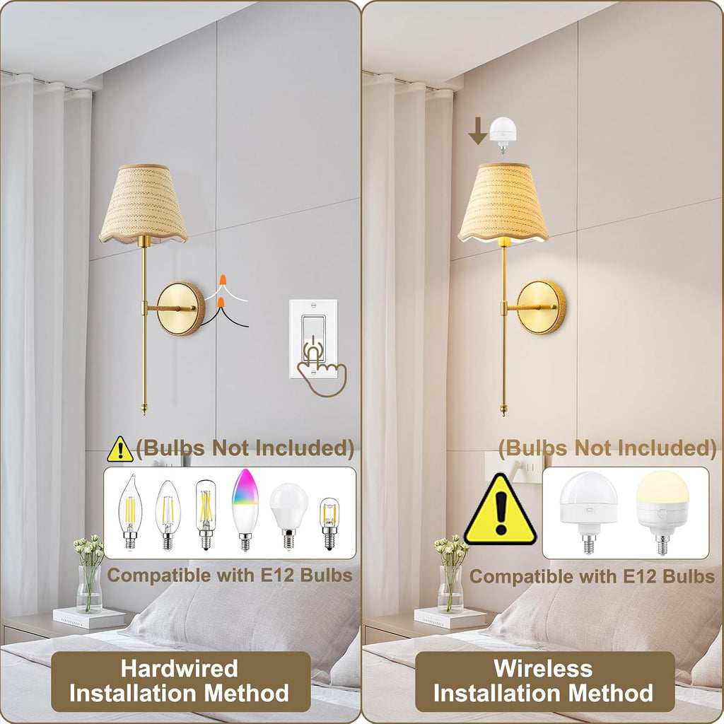 2 Pack Gold Natural Rattan Wall Sconces