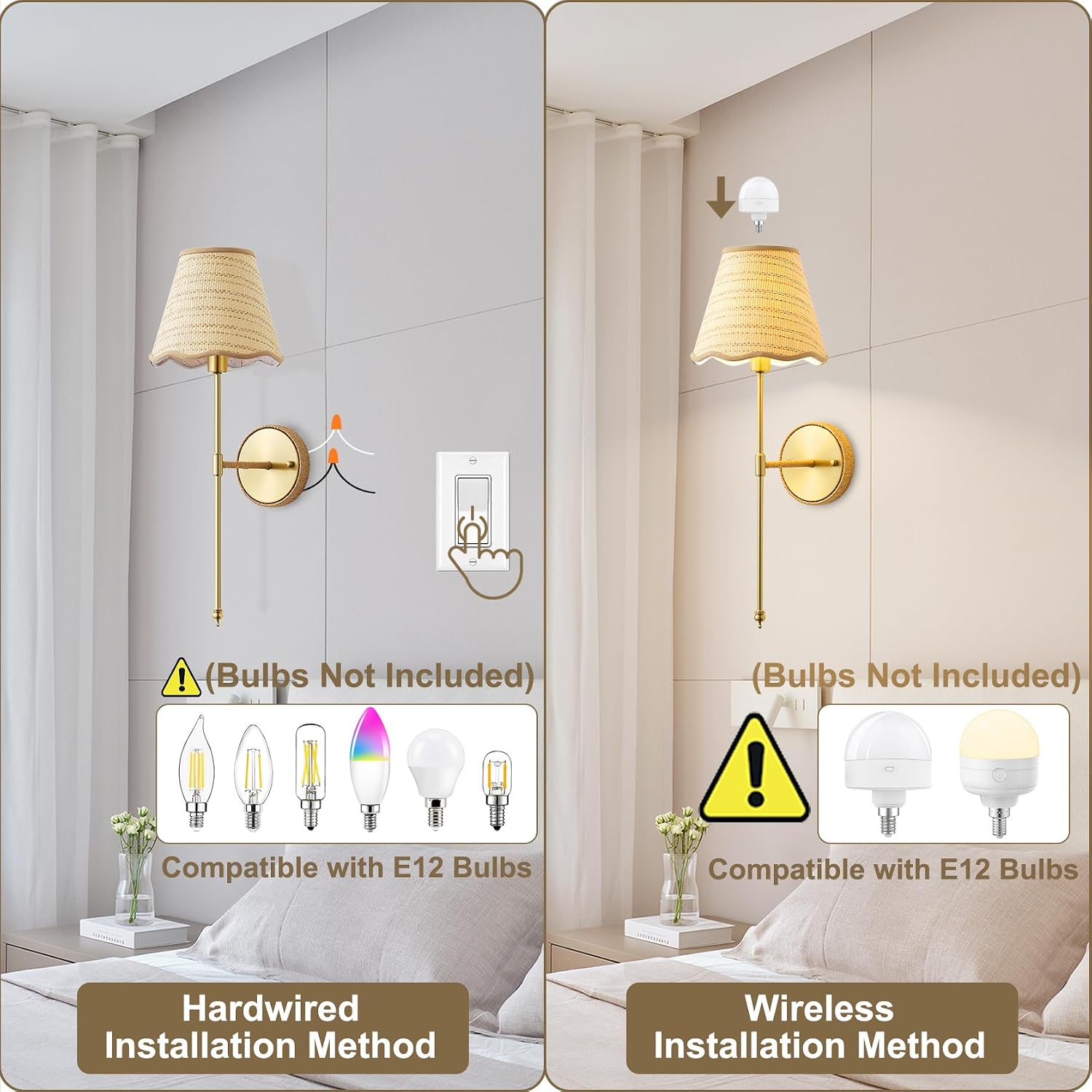 2 Pack Gold Natural Rattan Wall Sconces