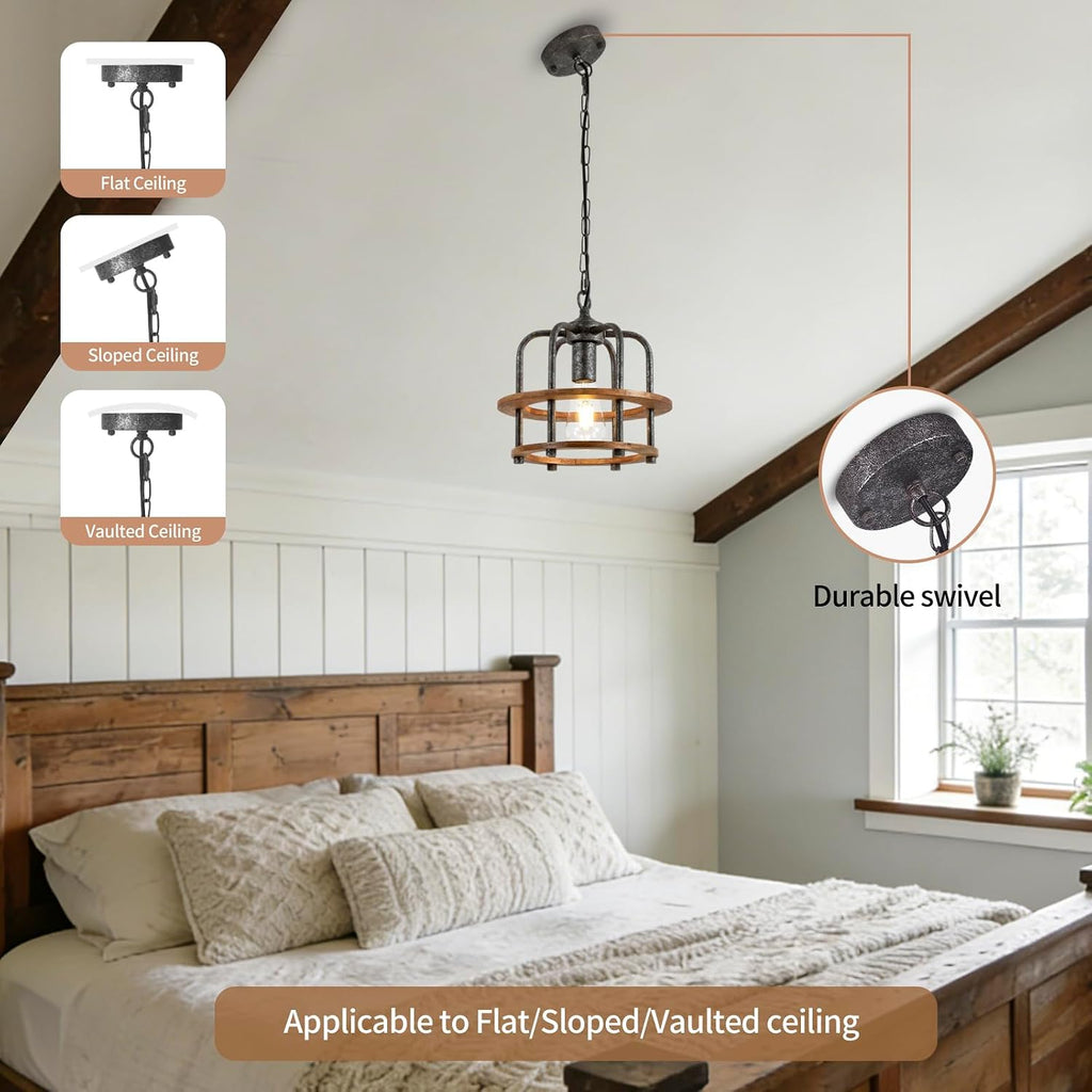 Rustic Wood Metal Pendant Light
