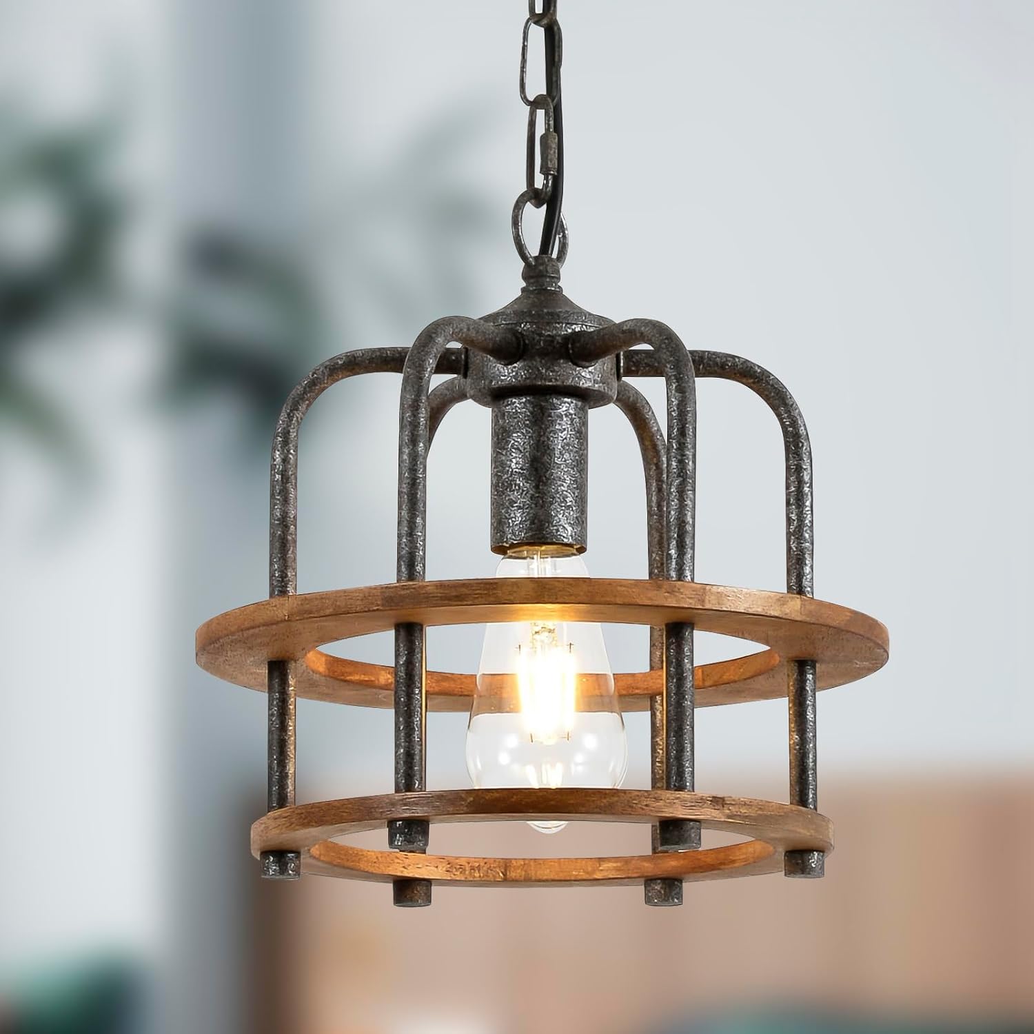Rustic Wood Metal Pendant Light