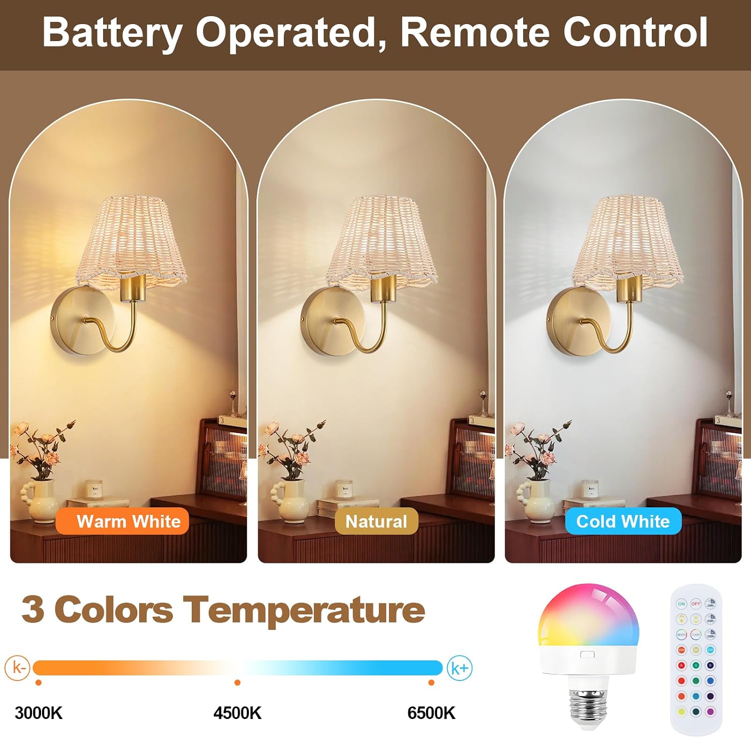 2 Pack Gold RGB Rattan Battery Wall Sconces