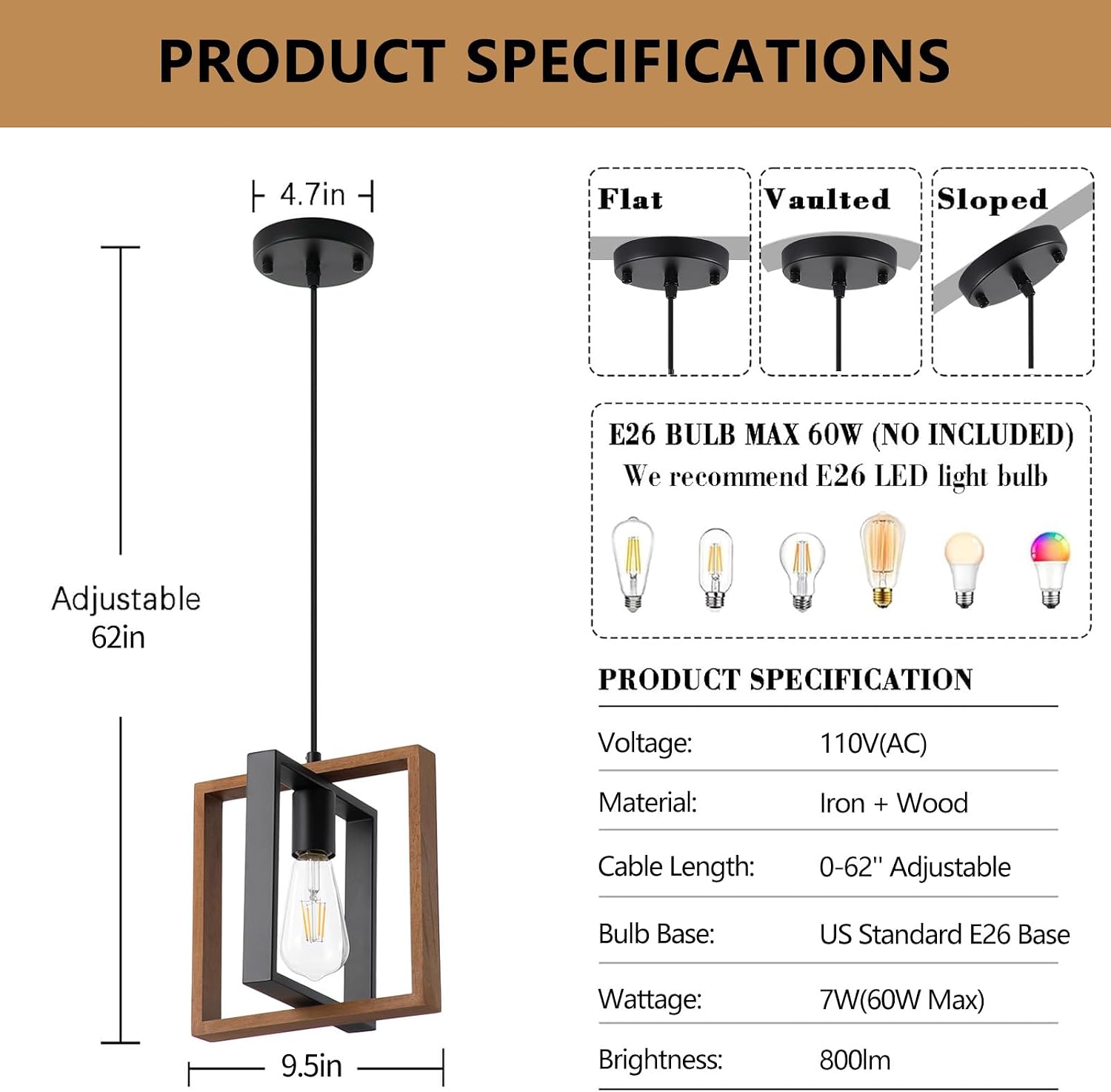 2 Pack Wood Farmhouse Pendant Lights