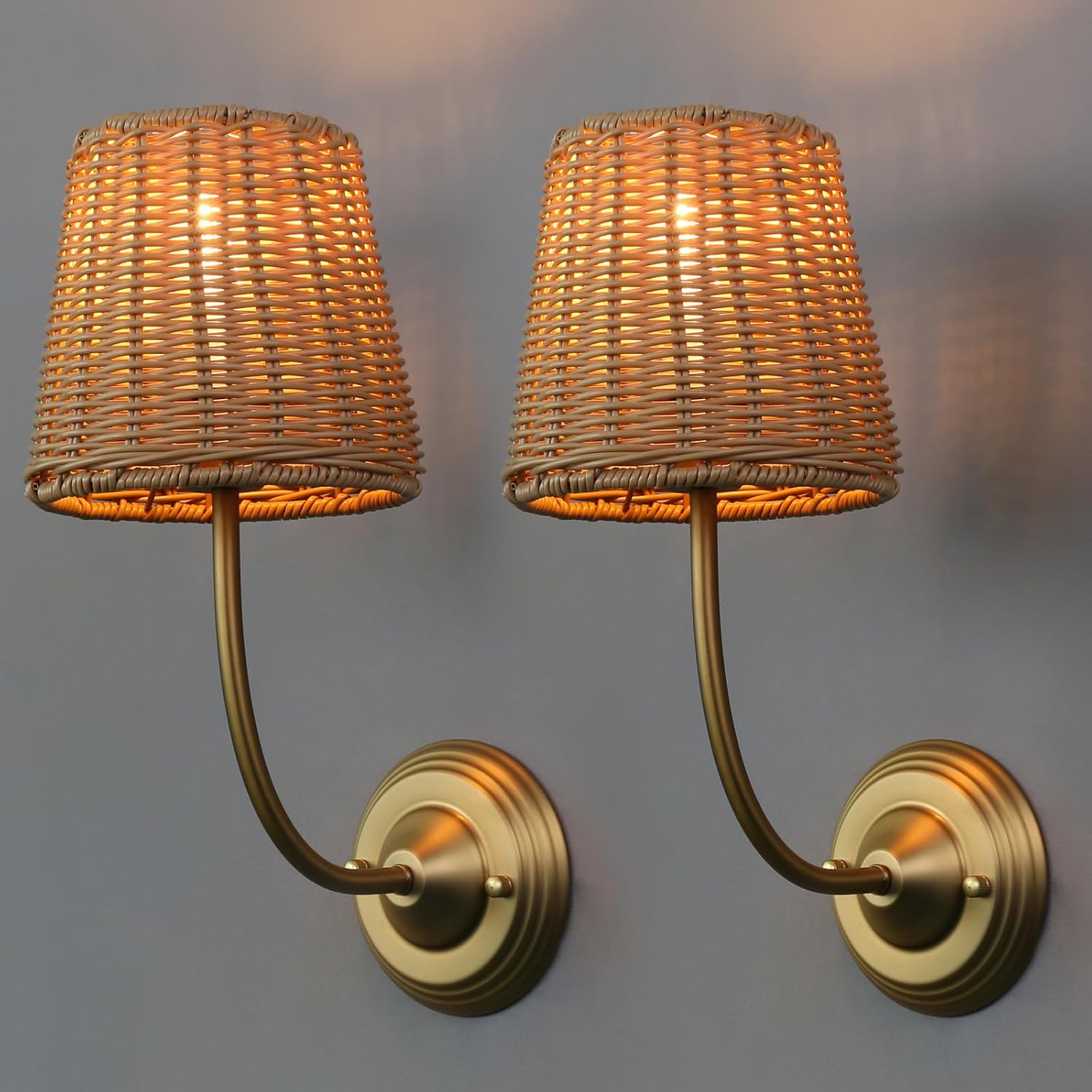 2 Pack Gold Rattan Hardwired Wall Sconces