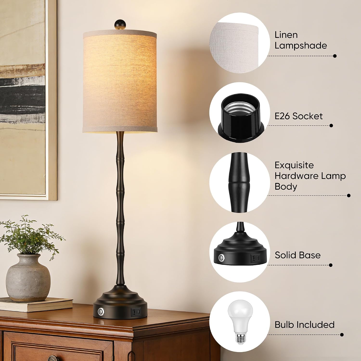 Set of 2 30.5in Black Linen Shade Skinny Table Lamps