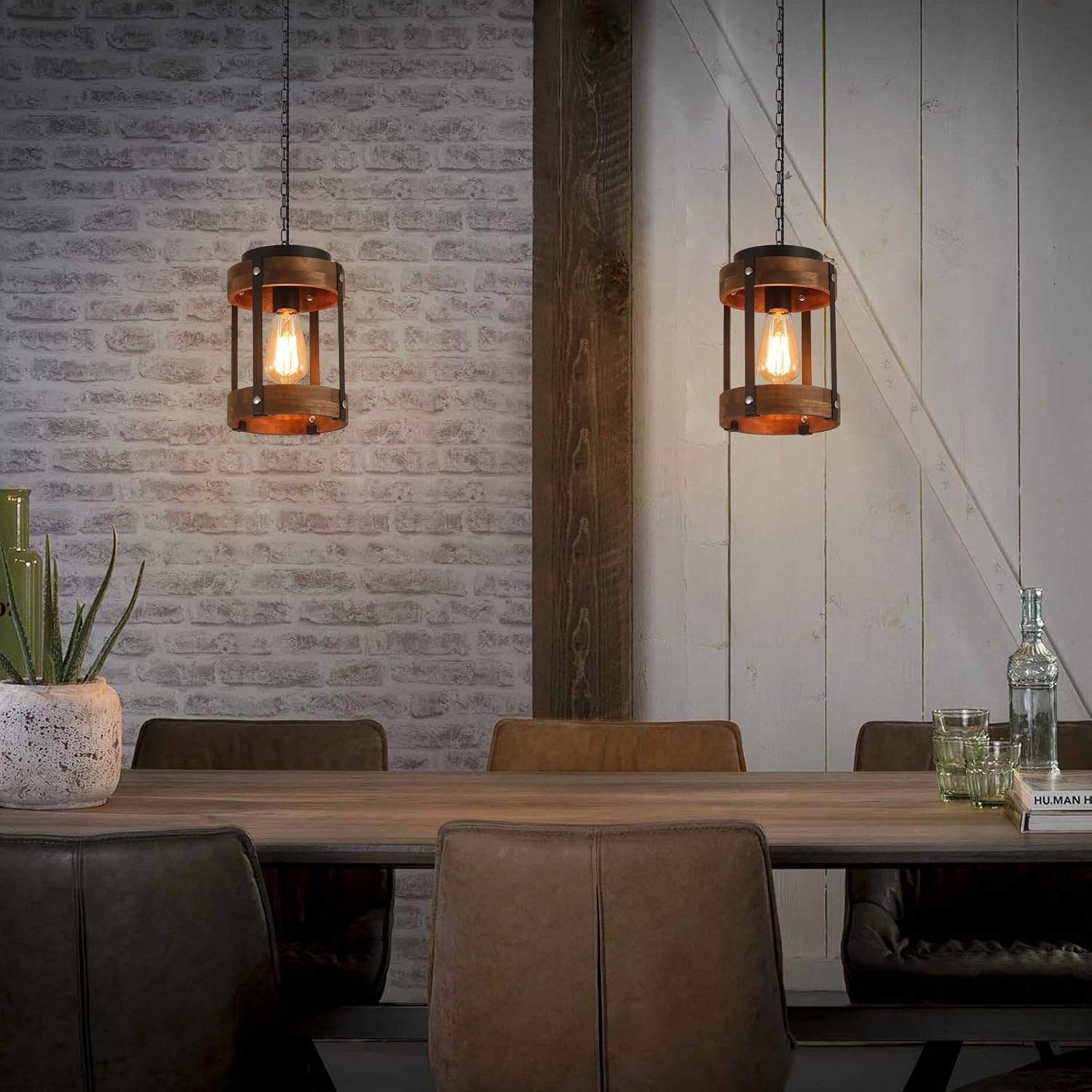 2 Pack Oak Drum Farmhouse Pendant Lights