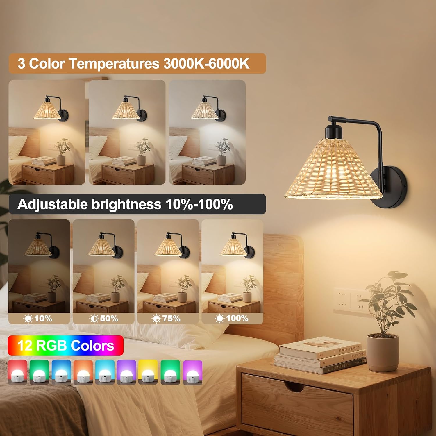 2 Pack Black Swing Arm Rattan Rechargeable Sconces