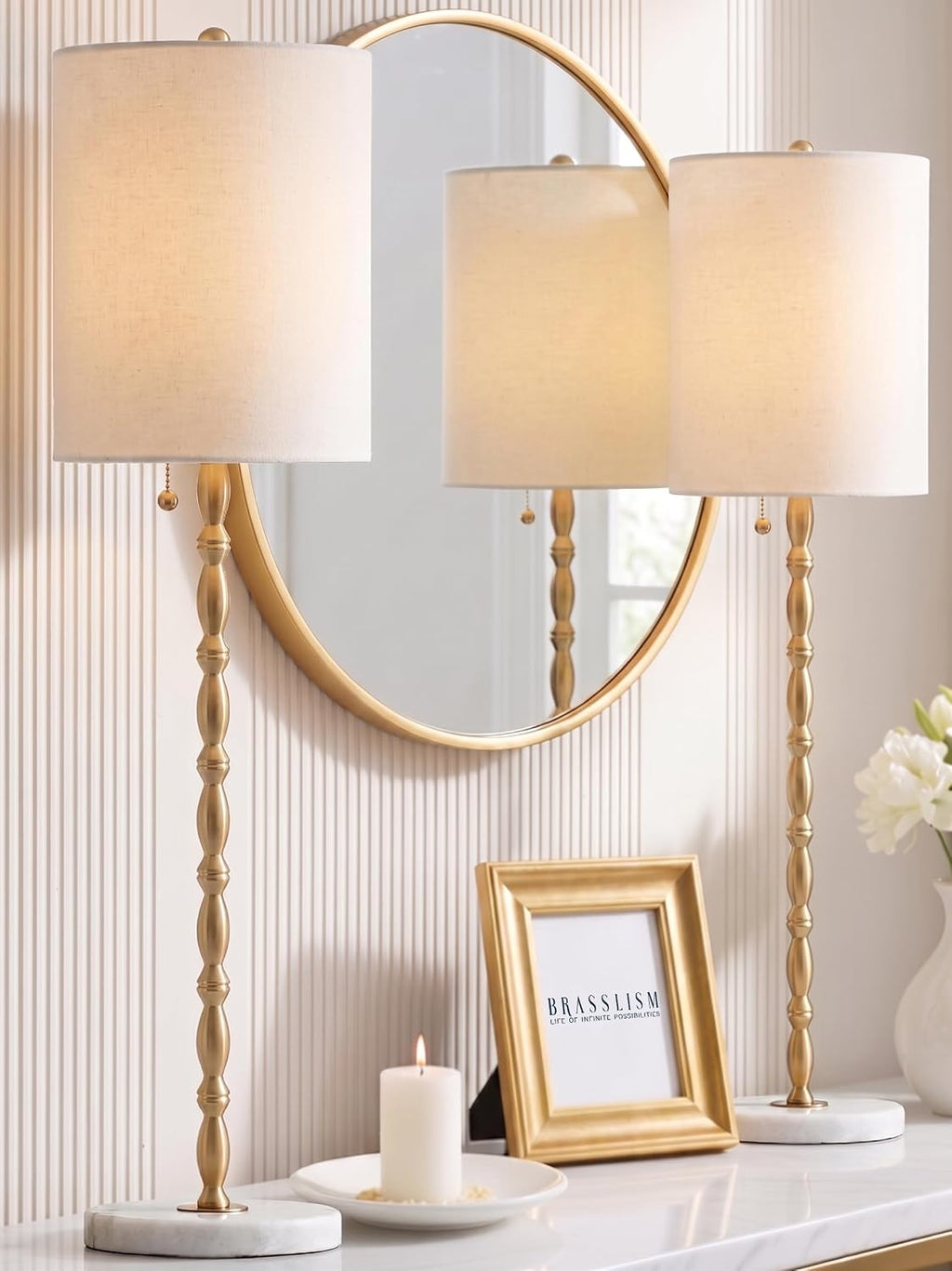 Set of 2 28.5in Marble Base Brass Luxury Table Lamps