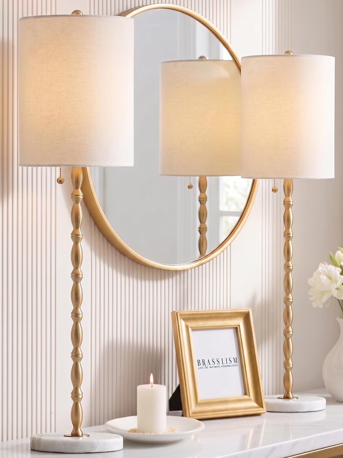 Set of 2 28.5in Marble Base Brass Luxury Table Lamps