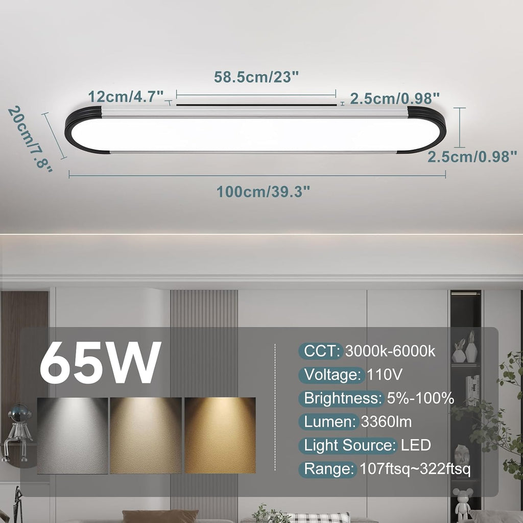 39.4in Black Silver Semi Flush Linear LED Ceiling Light
