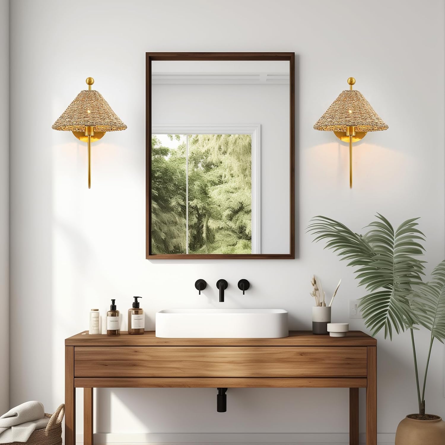 2 Pack Brass Rattan Boho Wall Sconces