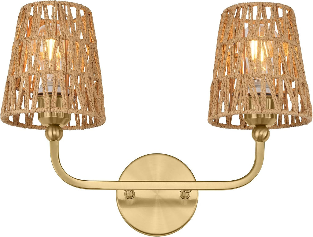 2-Light Gold Rattan Vanity Sconce