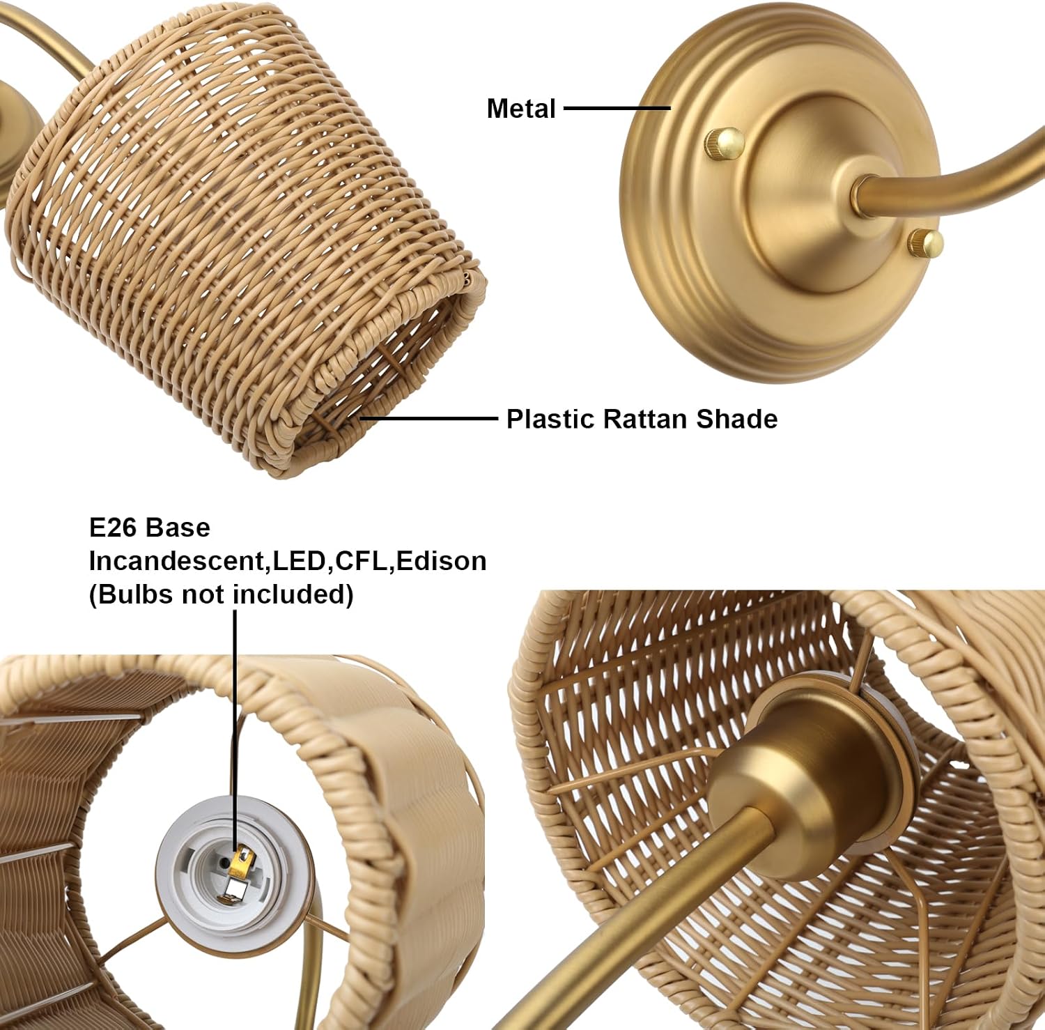 2 Pack Gold Rattan Hardwired Wall Sconces