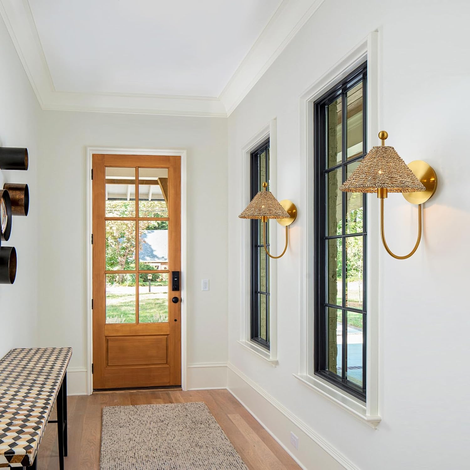 2 Pack Brass Rattan Boho Wall Sconces