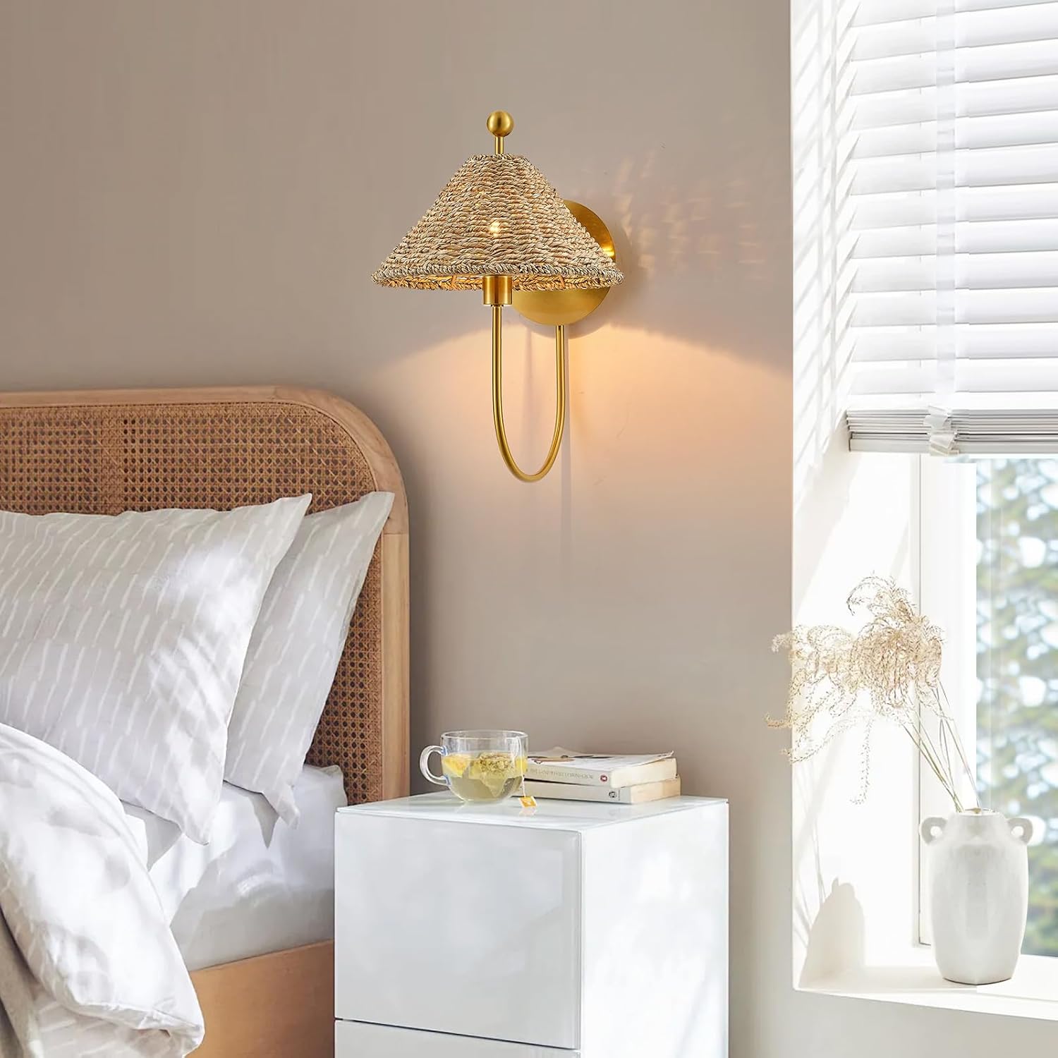 2 Pack Brass Rattan Boho Wall Sconces