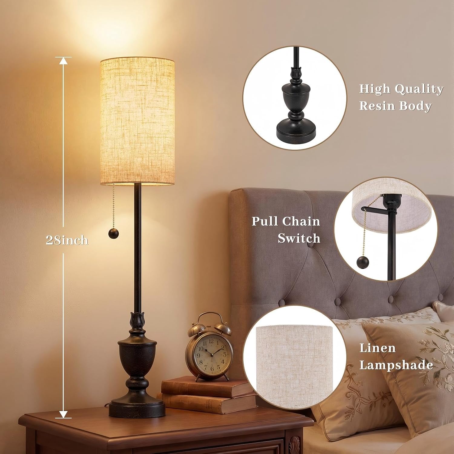 Set of 2 28in Black Resin Tall Skinny Candlestick Table Lamps