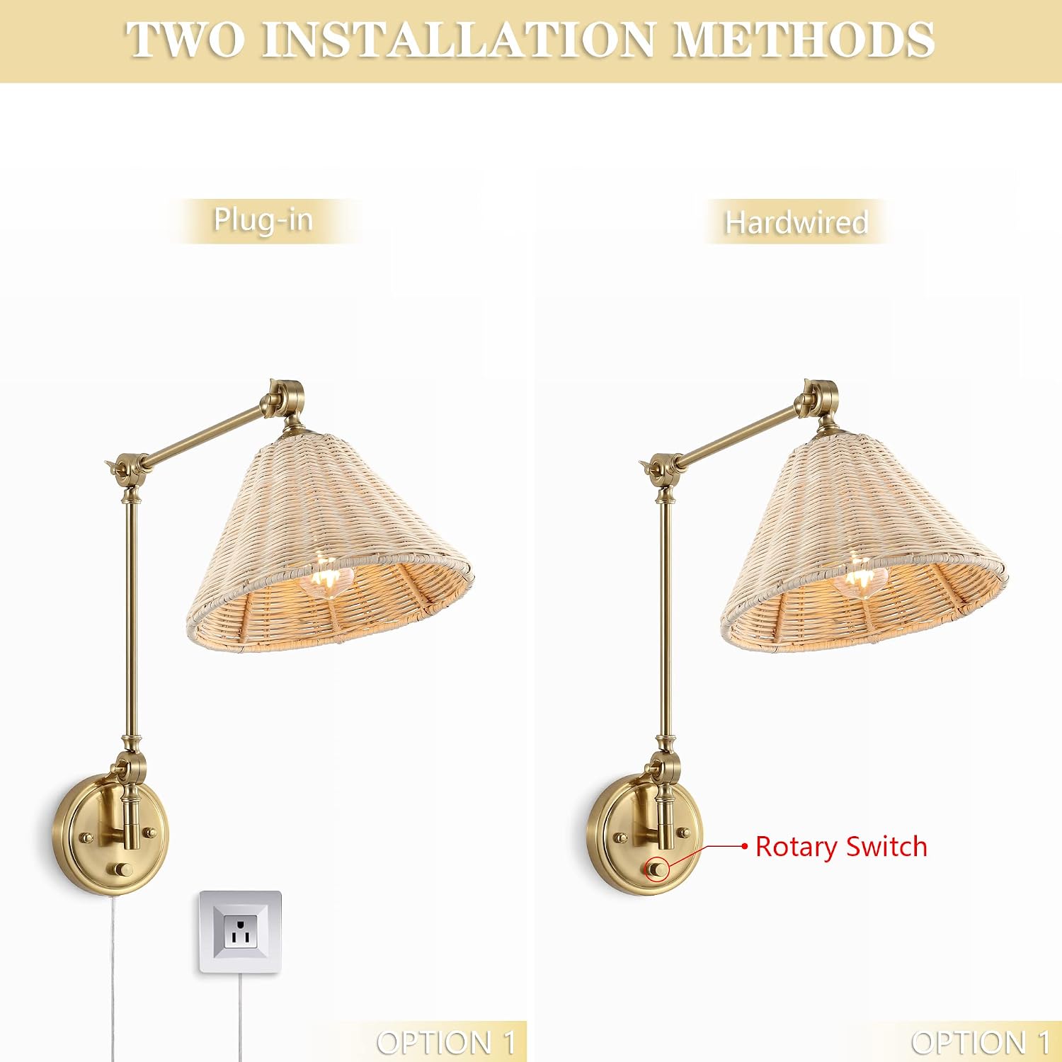 2 Pack Gold Swing Arm Rattan Wall Sconces