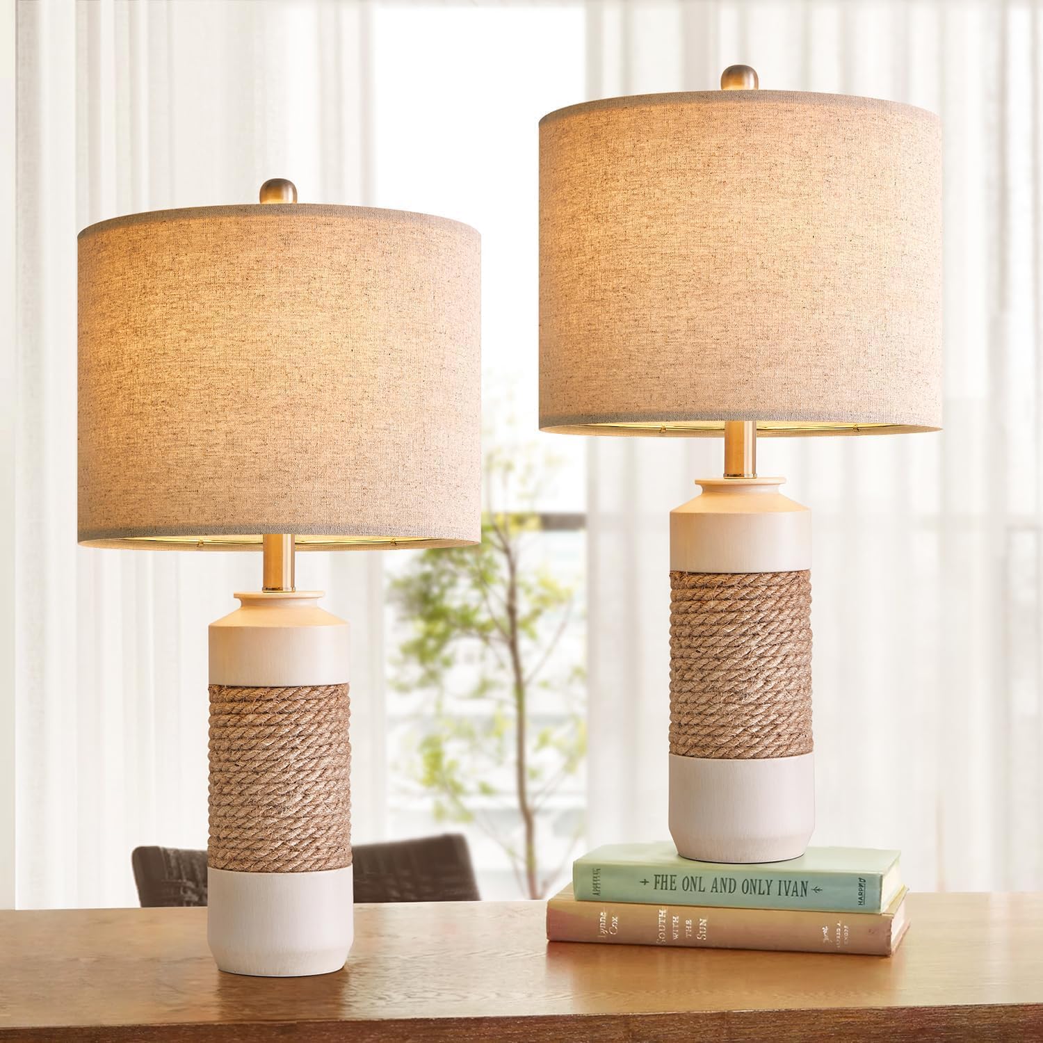 Set of 2 23.75in Antique White Rattan Farmhouse Table Lamps