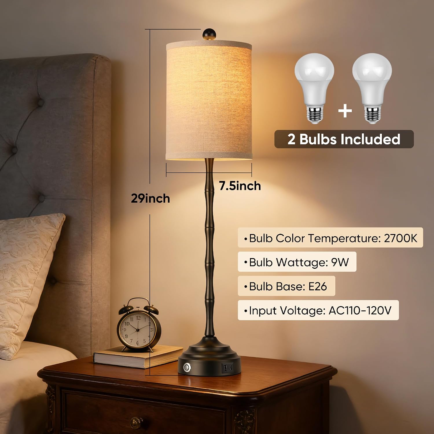 Set of 2 30.5in Black Linen Shade Skinny Table Lamps