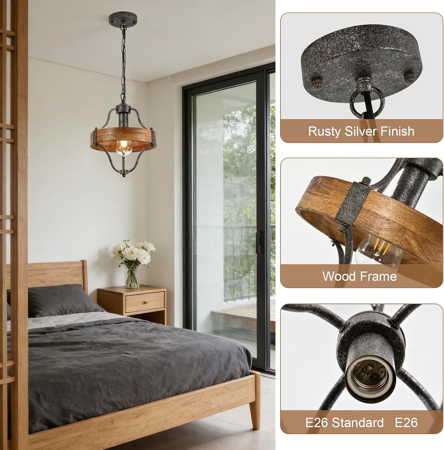 Round Wood Metal Farmhouse Pendant Light